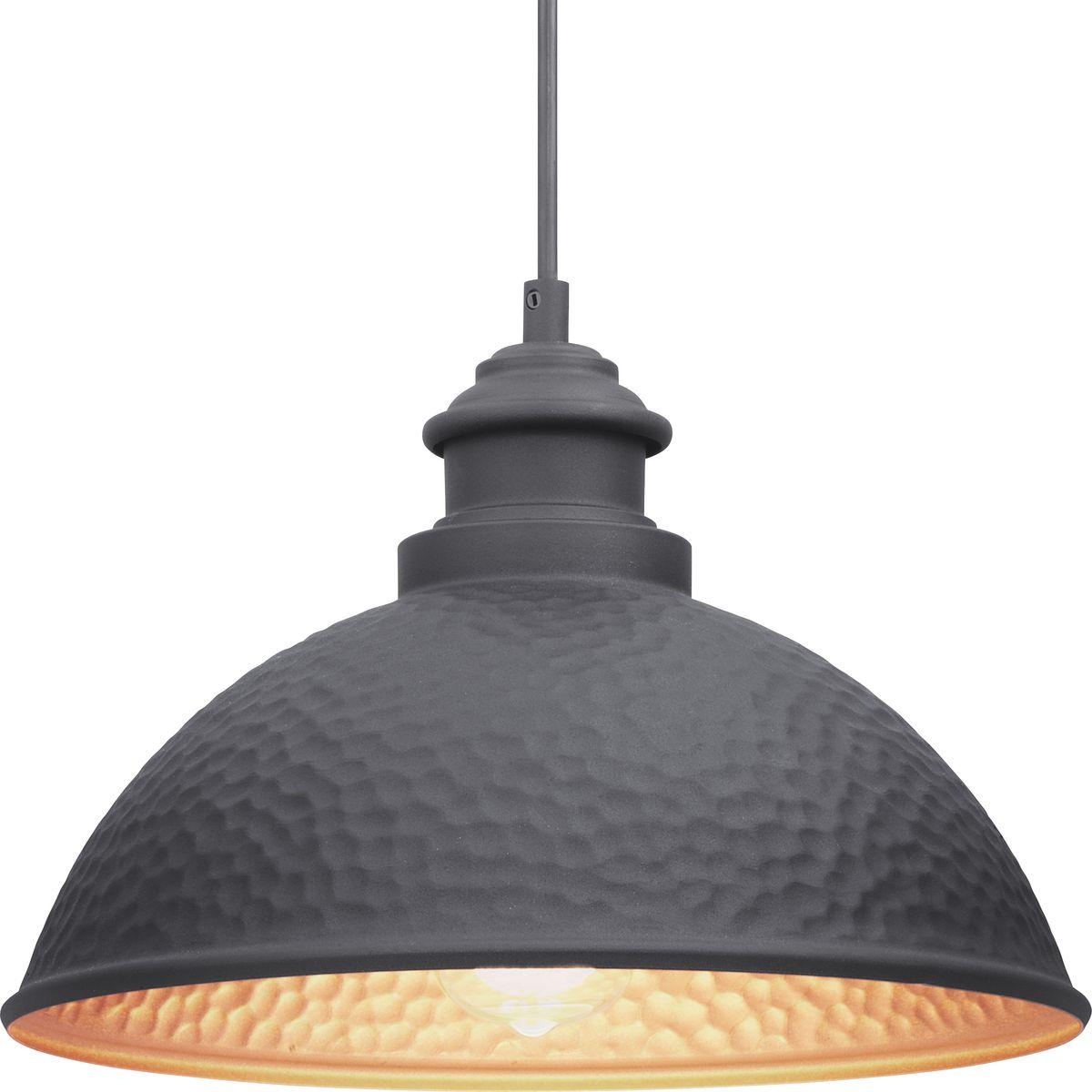 Hubbell P550032-031 Inspired by the warmth and beauty of hammered copper home accents, Englewood’s design displays elements of rustic craftsmanship. A one-light hanging lantern/pendant in Black with the inside of the shade that features a metallic copper coating of paint, of