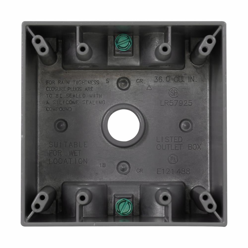 Eaton Corp TP7126 Eaton Crouse-Hinds series weatherproof outlet box, 37.0 cu in, Gray, 2-5/8" deep, Die cast aluminum, Two-gang, (5) 1/2" outlet holes