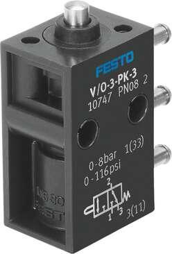 Festo 10747 stem actuated valve V/O-3-PK-3 With barbed fitting connection for 3mm ID tubing. Valve function: 3/2 open/closed, monostable, Type of actuation: mechanical, Standard nominal flow rate: 80 l/min, Operating pressure: 0 - 8 bar, Design structure: Piston seat