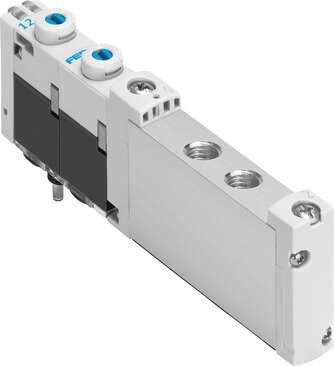 Festo 573396 solenoid valve VUVG-S10-P53E-ZT-M5-1T1L Valve function: 5/3 exhausted, Type of actuation: electrical, Valve size: 10 mm, Standard nominal flow rate: 210 l/min, Operating pressure: -0,9 - 10 bar