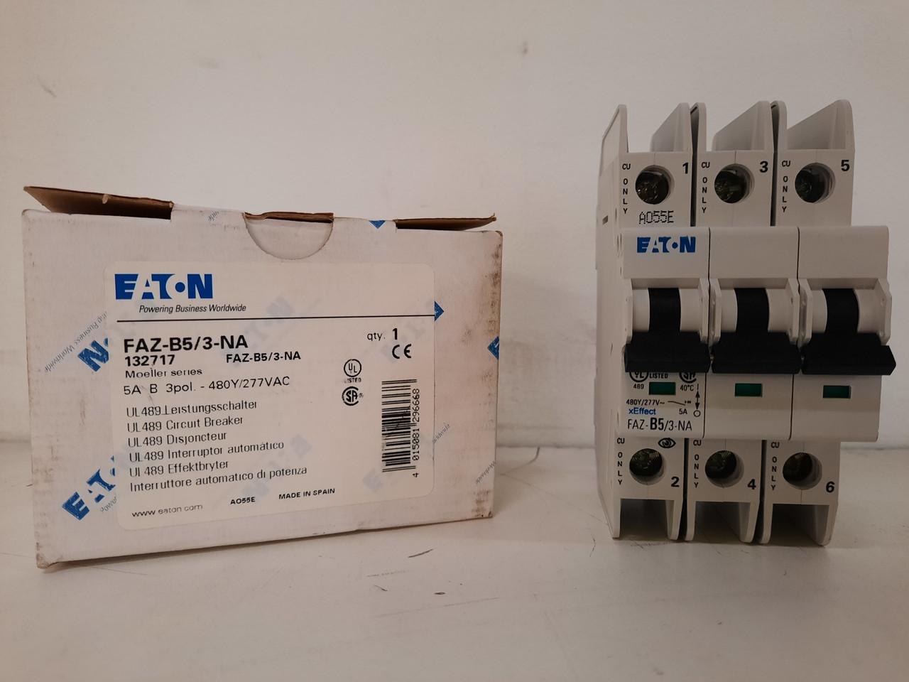 Eaton FAZ-B5/3-NA 277/480 VAC 50/60 Hz, 5 A, 3-Pole, 10/14 kA, 3 to 5 x Rated Current, Screw Terminal, DIN Rail Mount, Standard Packaging, B-Curve, Current Limiting, Thermal Magnetic