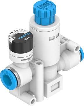 Festo 8086006 Pressure regulator VRPA-CM-T14-E Controller function: (* Output pressure constant, * with secondary exhaust, * with return flow), Pneumatic connection, port  1: QS-1/4, Pneumatic connection, port  2: QS-1/4, Mounting type: with through hole, Standard nomi