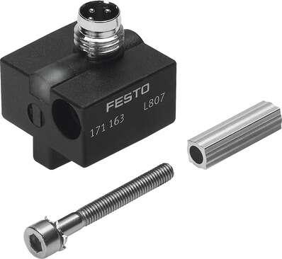 Festo 171163 proximity sensor SMEO-8E-S-LED-24 Electric, with reed contact, for drives with T-slot, without mounting kit, with M8 plug. Design: for T-slot, Conforms to standard: EN 60947-5-2, Authorisation: RCM Mark, CE mark (see declaration of conformity): to EU dire