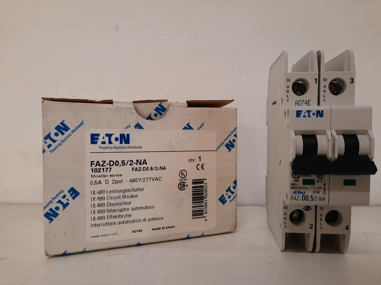 Eaton FAZ-D0.5/2-NA 277/480 VAC 50/60 Hz, 0.5 A, 2-Pole, 10/14 kA, 10 to 20 x Rated Current, Screw Terminal, DIN Rail Mount, Standard Packaging, D-Curve, Current Limiting, Thermal Magnetic