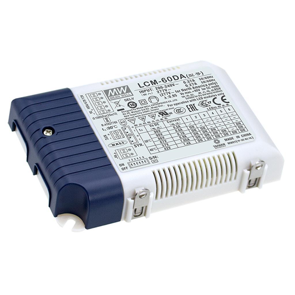 MEAN WELL LCM-60DA2 AC-DC Multi-Stage LED driver Constant Current (CC); Modular output 0.5A/0.6A/0.7A/0.9A/1.05A/1.4A; Dimming with DALI 2.0 & push; extra 12Vdc at 50mA