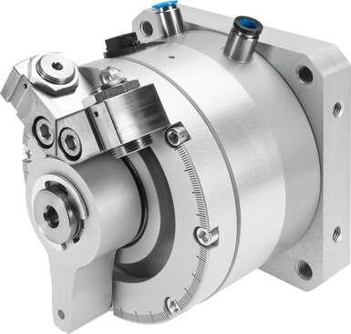 Festo 1202485 semi-rotary drive DSMI-63-270-A-B with integrated displacement encoder. Optional endposition sensing via proximity sensors type SME/SMT-10F-...-KL. Rotation angle adjustment range: 0 - 270 deg, Stroke shortening in the end-positions: 5 °, Smallest positio