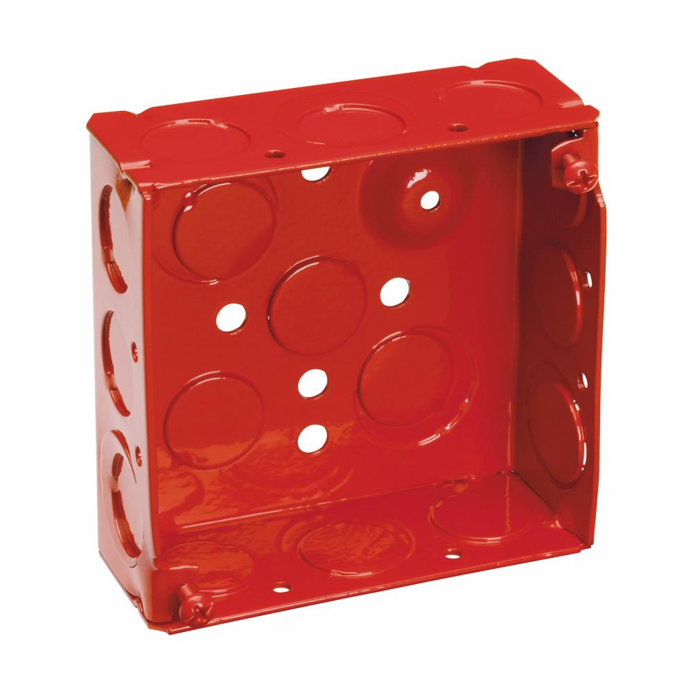 Eaton Corp TP404RED Eaton Crouse-Hinds series Square Outlet Box, (2) 1/2", (2) 1/2", (1) 3/4" E, 4", Red, Conduit (no clamps), Welded, 1-1/2", Steel, (8) 1/2",(4) 1/2", (1) 3/4" E, 22.0 cubic inch capacity