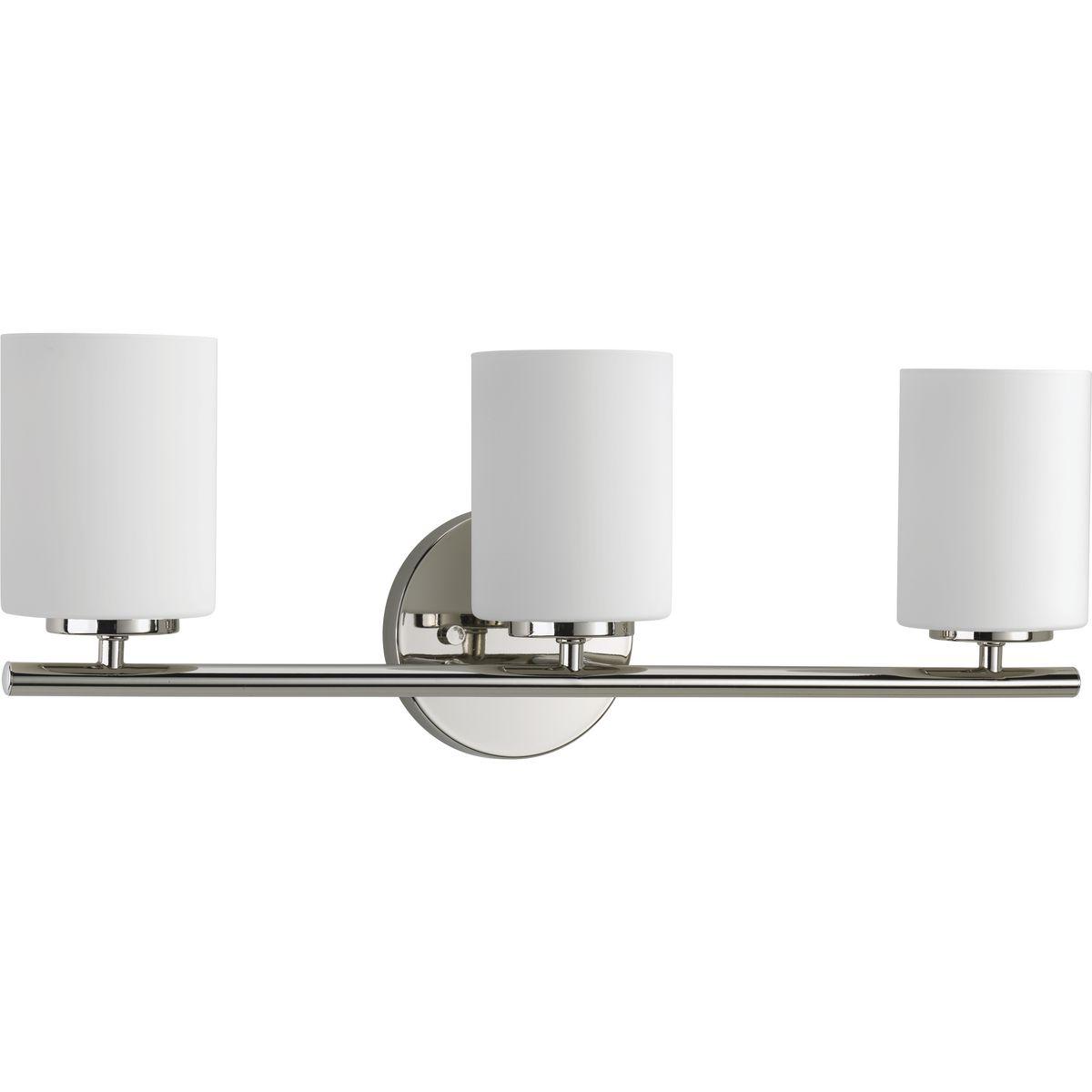 Hubbell P2159-104 Three-light bath & vanity from the Replay Collection, smooth forms, linear details and a pleasingly elegant frame enhance a simplified modern look. Fixture can be mounted up or down. Polished Nickel finish.  ; Ideal for a bathroom ; Perfect for modern and