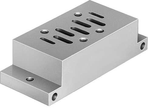 Festo 11416 individual sub-base NAU-3/8-2B-ISO With port pattern as per DIN ISO 5599/1, external dimensions as per VDMA 24345, connections underneath. Conforms to standard: ISO 5599-1, Authorisation: UL - Recognized (OL), Product weight: 450 g, Mounting type: with th
