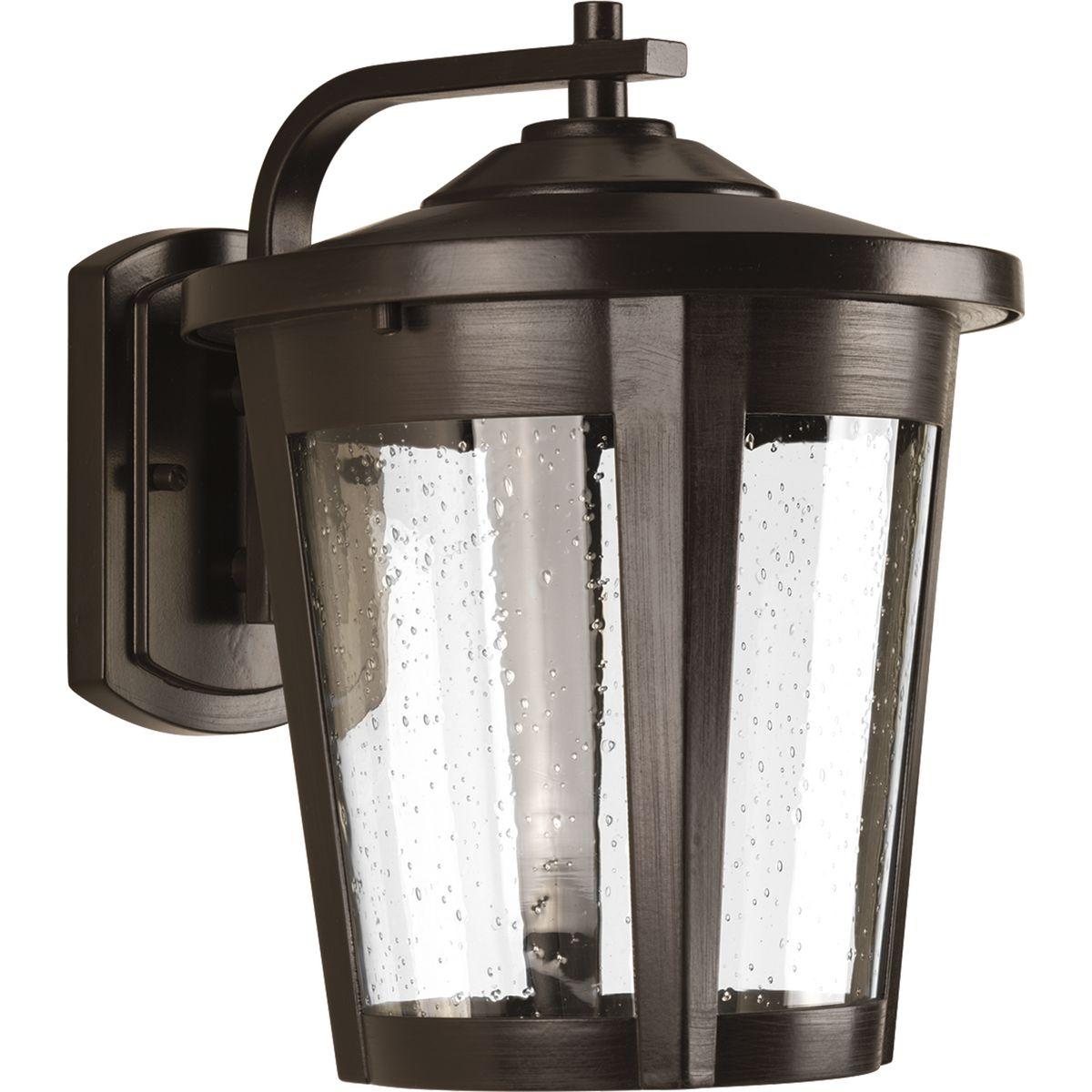 Hubbell P6079-2030K9 The East Haven LED Collection offers modern styling to complement a wide variety of home styles. The one-light large LED outdoor wall lantern has an Antique Bronze frame that cradles a seeded glass shade. 120V AC replaceable LED module, 1,211 lumens 71.2 