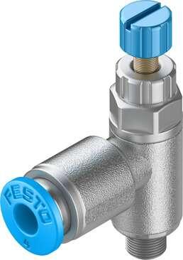 Festo 197577 one-way flow control valve GRLA-M5-QS-4-RS-D With knurled screw and lock nut Valve function: One-way flow control function for exhaust air, Pneumatic connection, port  1: QS-4, Pneumatic connection, port  2: M5, Adjusting element: Knurled screw, Mounting 