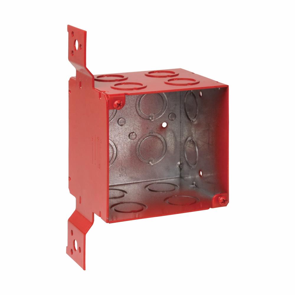 Eaton Corp TP411RED Eaton Crouse-Hinds series Square Outlet Box, (4) 1/2", (1) 3/4" C, 4", S, Red, Conduit (no clamps), Welded, 3-1/2", Steel, (12) 1/2", (1) 3/4" C, 46.0 cubic inch capacity