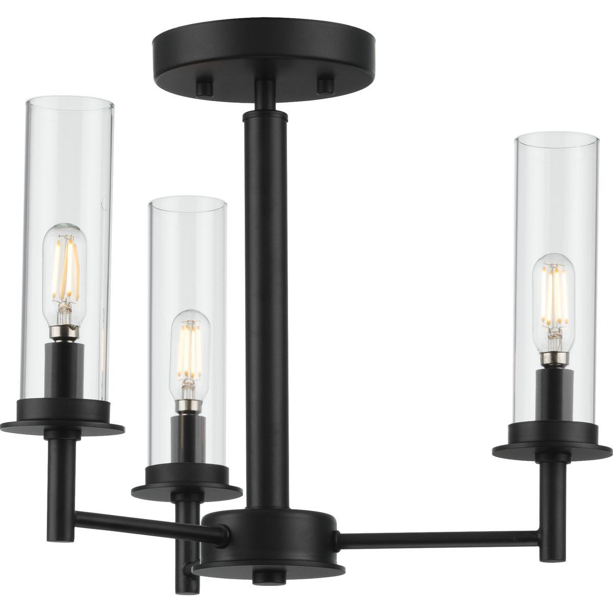 Hubbell P400250-031 Balance the best of modern and traditional with the Kellwyn Collection 3-Light Matte Black Clear Glass Transitional Semi-Flush Mount Convertible Ceiling Light. The classic frame with crisp, clean lines is coated in a beautiful matte black finish. Light so