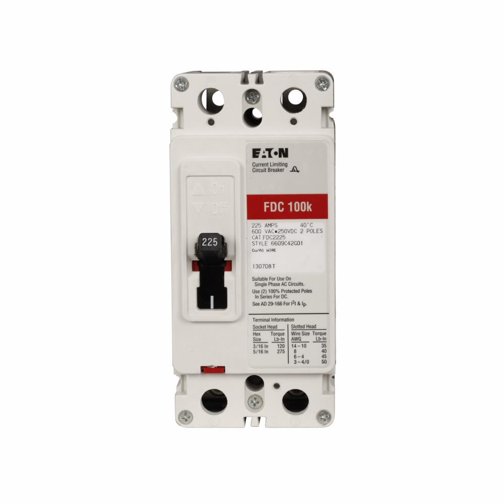 Eaton FDC2200L Eaton Series C complete molded case circuit breaker, F-frame, FDC, Complete breaker, Fixed thermal, fixed magnetic trip type, Two-pole, 200A, 600 Vac, 250 Vdc, 200 kAIC at 240 Vac, 100 kAIC at 480 Vac, Line and load, 50/60 Hz