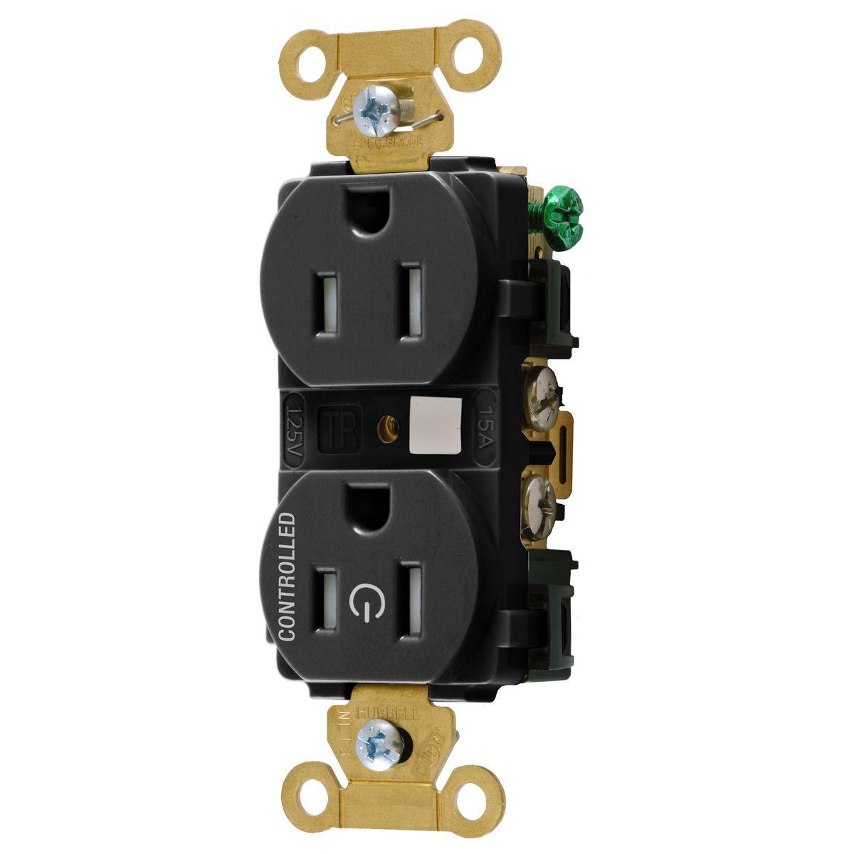 Hubbell HBL5262C1BLKTR Straight Blade Devices, Extra Heavy Duty Standard Duplex Receptacles for Controlled Applications ,Split Circuit, 15A, 125V, 2 Pole, 3 Wire Grounding,Black  ; Permanently marked with universal power symbol and the word "CONTROLLED" to visually identify rec