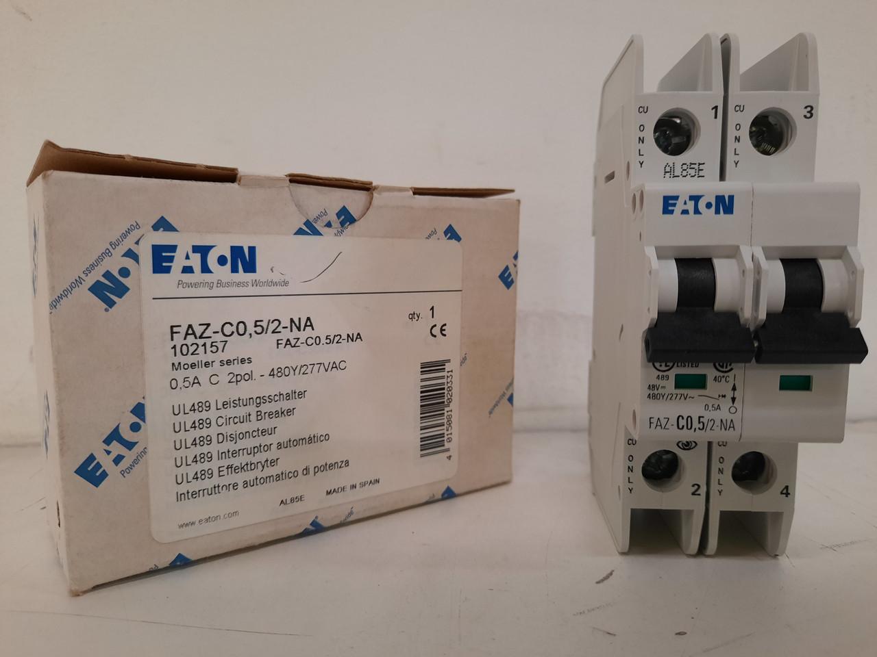 Eaton FAZ-C0.5/2-NA 277/480 VAC 50/60 Hz, 0.5 A, 2-Pole, 10/14 kA, 5 to 10 x Rated Current, Screw Terminal, DIN Rail Mount, Standard Packaging, C-Curve, Current Limiting, Thermal Magnetic