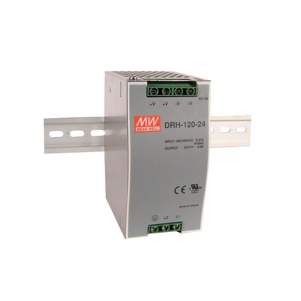 MEAN WELL DRH-120-24 AC-DC Industrial DIN rail power supply; Output 24Vdc at 5A; metal case; 2-phase wide input; DRH-120-24 is succeeded by WDR-120-24.
