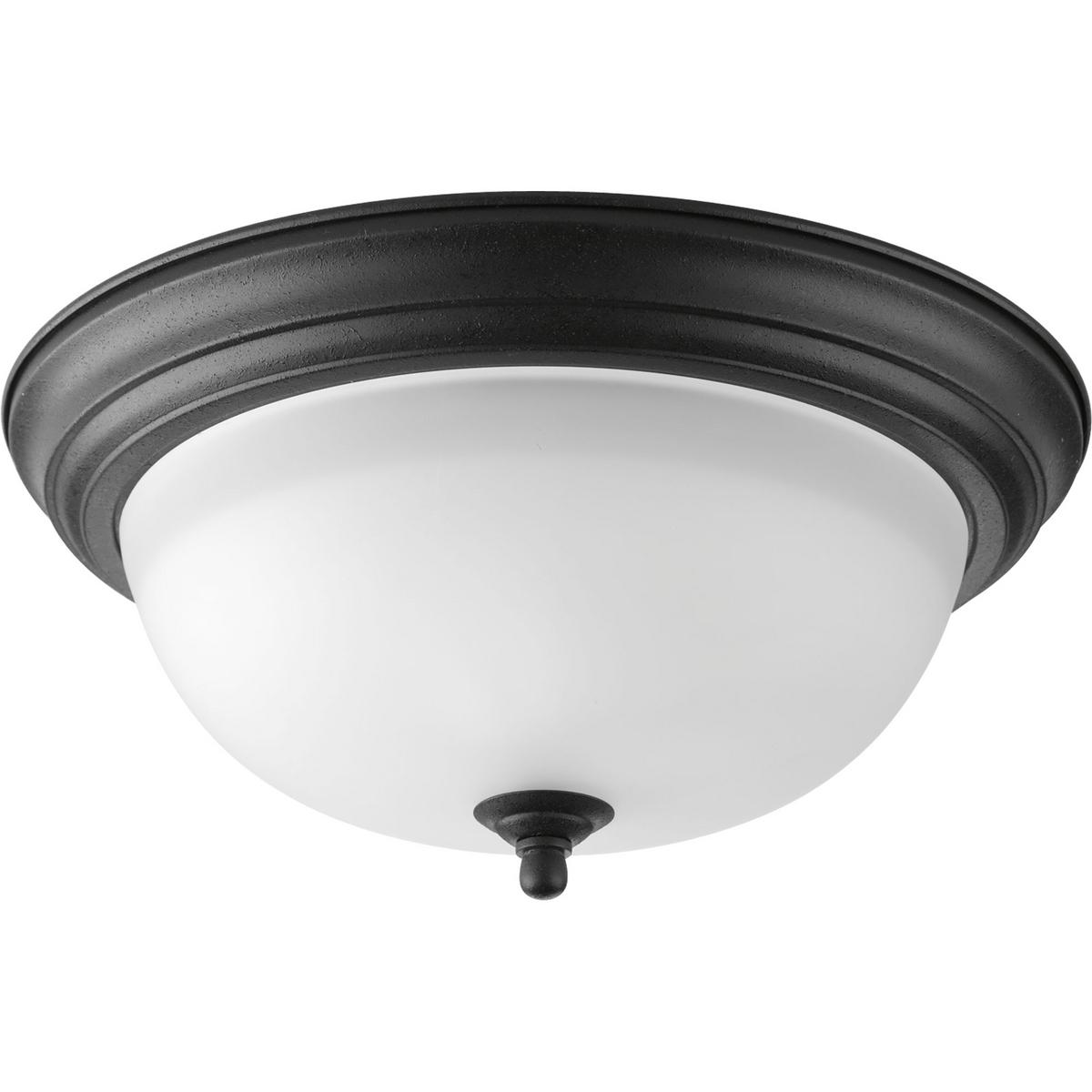 Hubbell P3925-80 Two-light flush mount with dome shaped alabaster glass, solid trim and decorative knobs. Center lock-up with matching finial. Forged Black finish.  ; Forged Black finish. ; Etched glass. ; Decorative details.