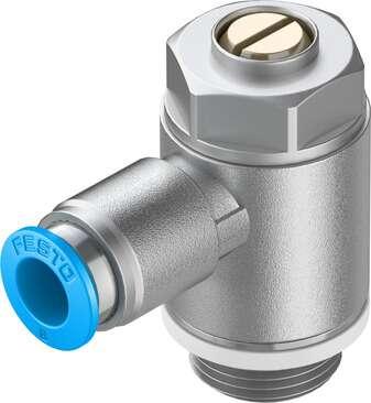 Festo 193150 one-way flow control valve GRLA-3/8-QS-8-D Valve function: One-way flow control function for exhaust air, Pneumatic connection, port  1: QS-8, Pneumatic connection, port  2: G3/8, Adjusting element: Slotted head screw, Mounting type: Threaded