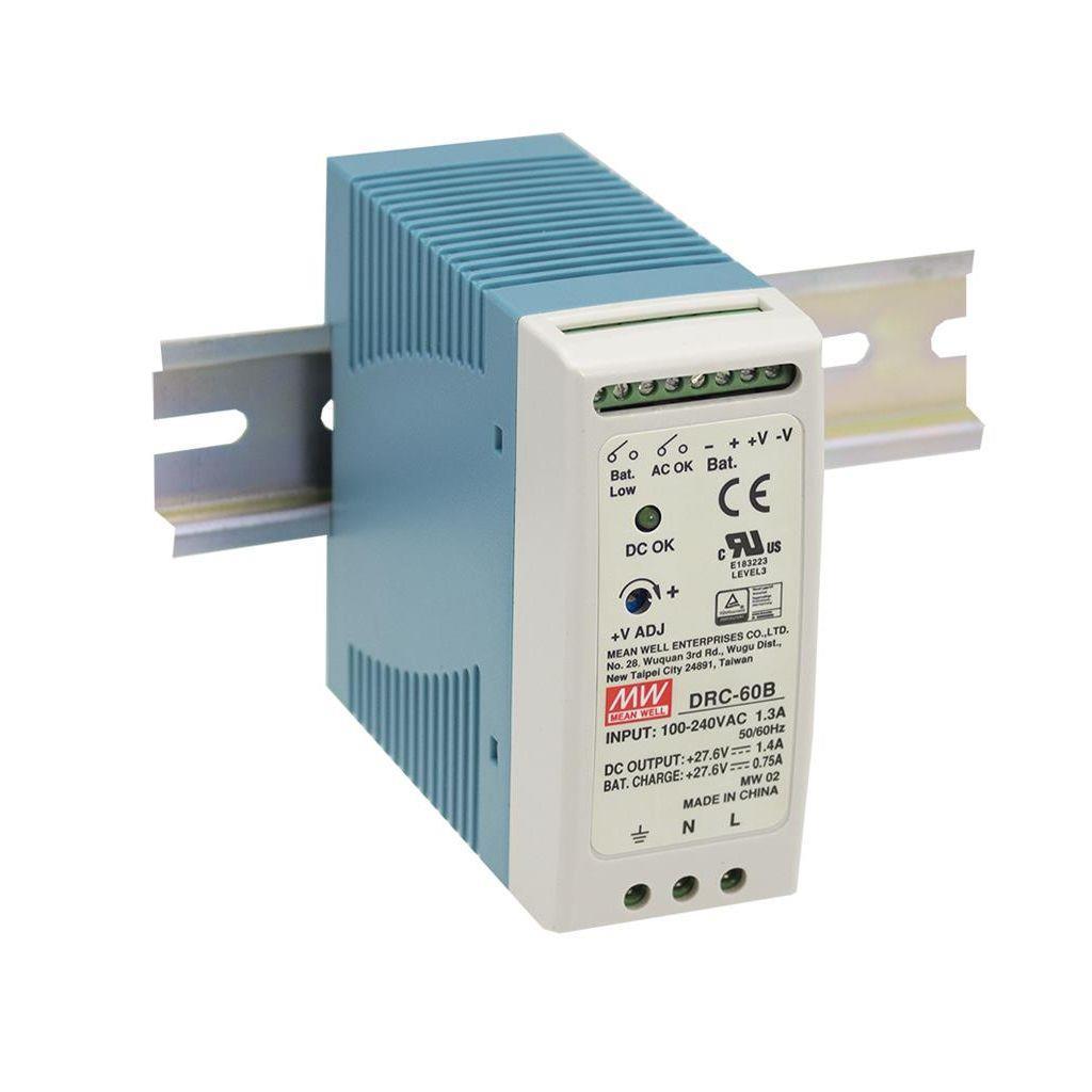 MEAN WELL DRC-60B AC-DC Industrial DIN rail with UPS function; Output 27.6Vdc at 1.4A + 27.6Vdc at 0.75A; with battery charger output