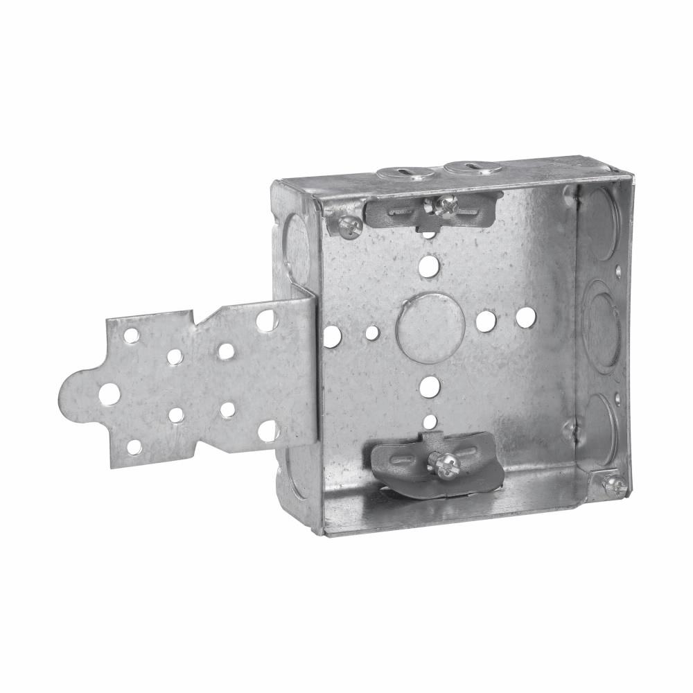Eaton Corp TP446 Eaton Crouse-Hinds series Square Outlet Box, (1) 1/2", 4", NM clamps, Welded, 1-1/2", Steel, (2) 1/2", (1) 1/2", (1) 3/4" E, 22.0 cubic inch capacity