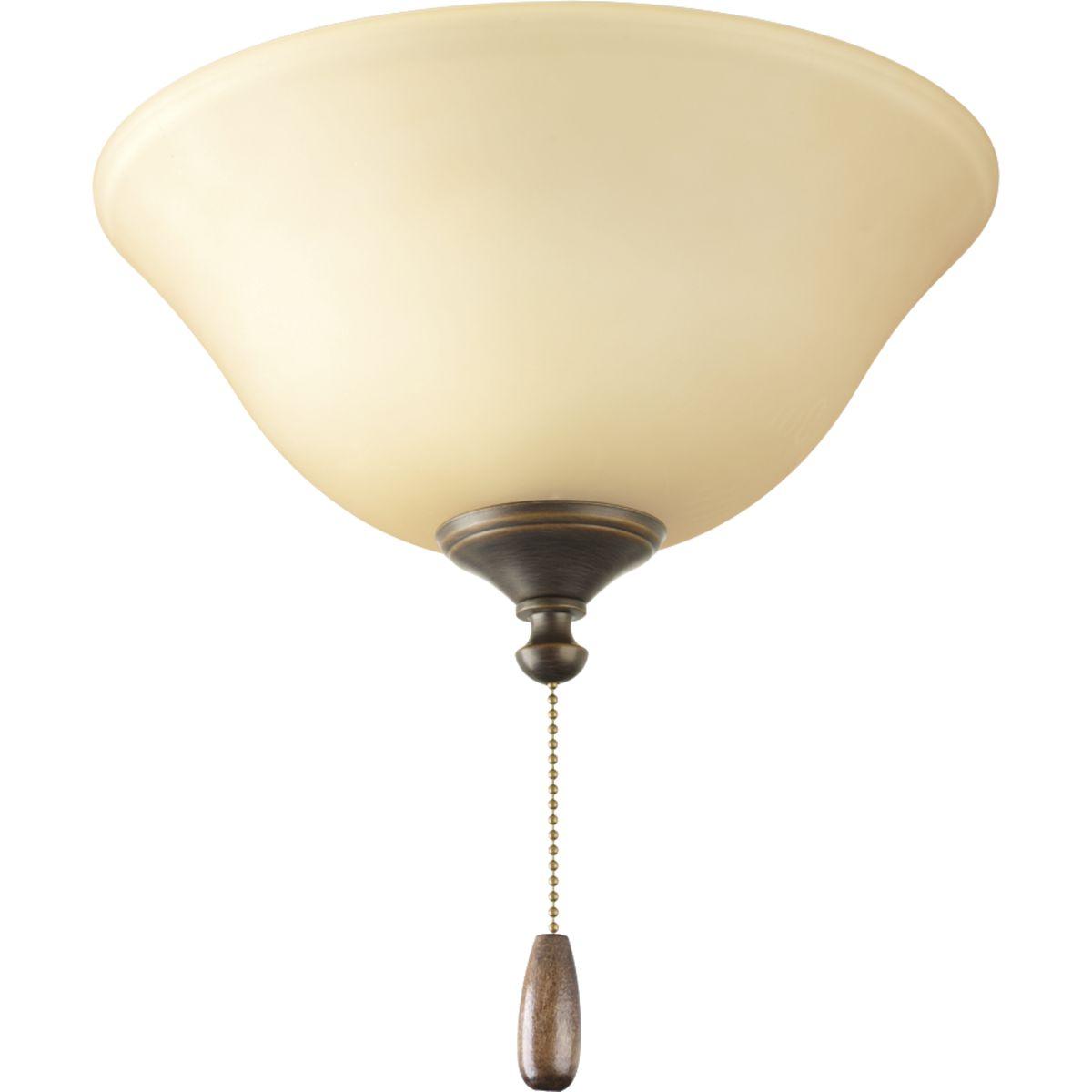 Hubbell P2612-20TWB Antique Bronze two-light fan kit with etched Light Umber glass bowl. Elegant light umber glass conceals light bulbs and casts an inviting illumination in any size room. Universal style lets you use with any indoor fan that accept an accessory light. Quick