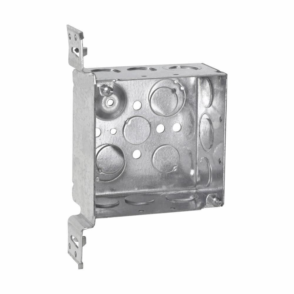 Eaton Corp TP451PF Eaton Crouse-Hinds series Square Outlet Box, (2) 1/2", (2) 1/2", (1) 3/4" E, 4", VMS, Conduit (no clamps), Welded, 2-1/8", Steel, (6) 1/2", (3) 1/2", (1) 3/4" E, Includes ground screw with pigtail lead, 30.3 cubic inch capacity