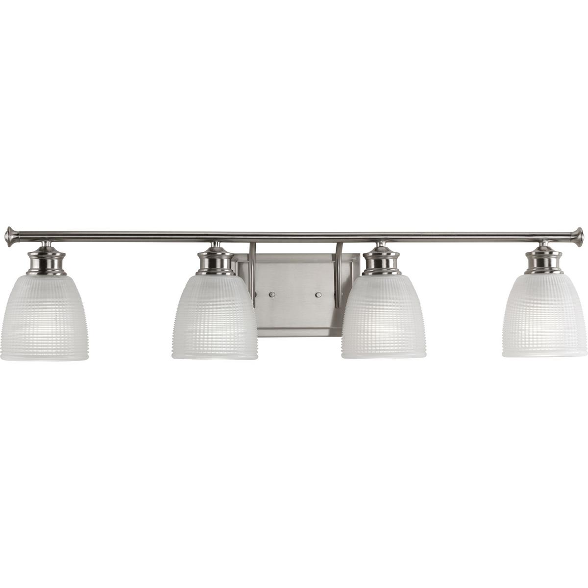 Hubbell P2118-09 Four-light bath from the Lucky Collection, with a distinctive design that evokes a vintage flair with finely crafted details. Light is beautifully illuminated through double prismatic frosted glass shades. Brushed Nickel finish.  ; Ideal for a bathroom ; 
