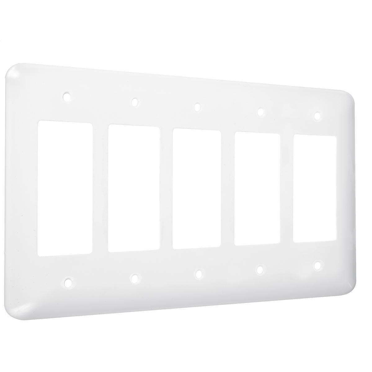 Hubbell WRW-5R 5-Gang Metal Wallplate, Maxi, 5-Decorator, White Smooth  ; Easily primed and painted to match or complement walls. ; Won't bow, crack or distort during installation. ; Premium North American powder coat. ; Includes screw(s) in matching finish.