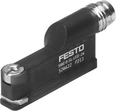 Festo 526622 proximity sensor SME-8-SL-LED-24 Electric, with reed contact, for drives with T-slot, with M8 plug. Design: for T-slot, Conforms to standard: EN 60947-5-2, Authorisation: RCM Mark, CE mark (see declaration of conformity): to EU directive for EMC, Material
