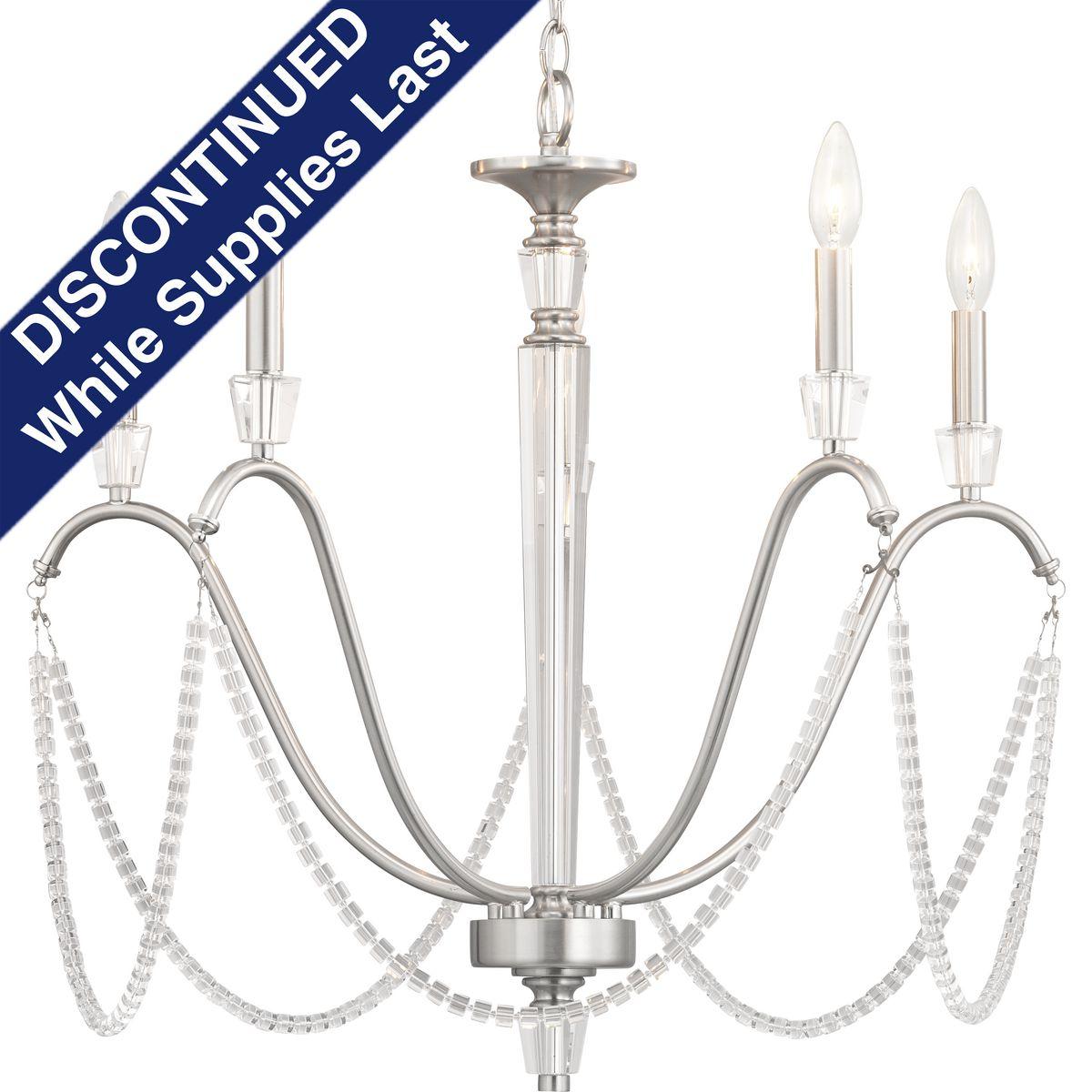 Hubbell P400160-009 With a glamorous and modern appeal, the Stratham Collection’s five-light chandelier features a sparkling string of cylindrical drops and a stunning, faceted K9 glass column. Opulent accent finials complete well-executed design to add dimension and overall
