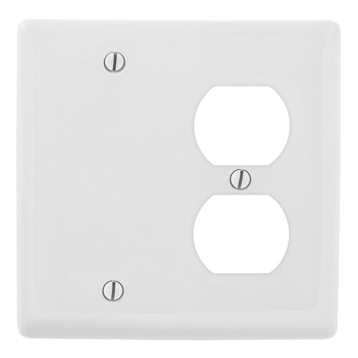 Hubbell NP138W Wallplates and Box Covers, Wallplate, Nylon, 2-Gang, 1) Duplex 1) Blank, White  ; Reinforcement ribs for extra strength ; High-impact, self-extinguishing nylon material ; Captive screw feature holds mounting screw in place ; Standard Size is 1/8" larger t