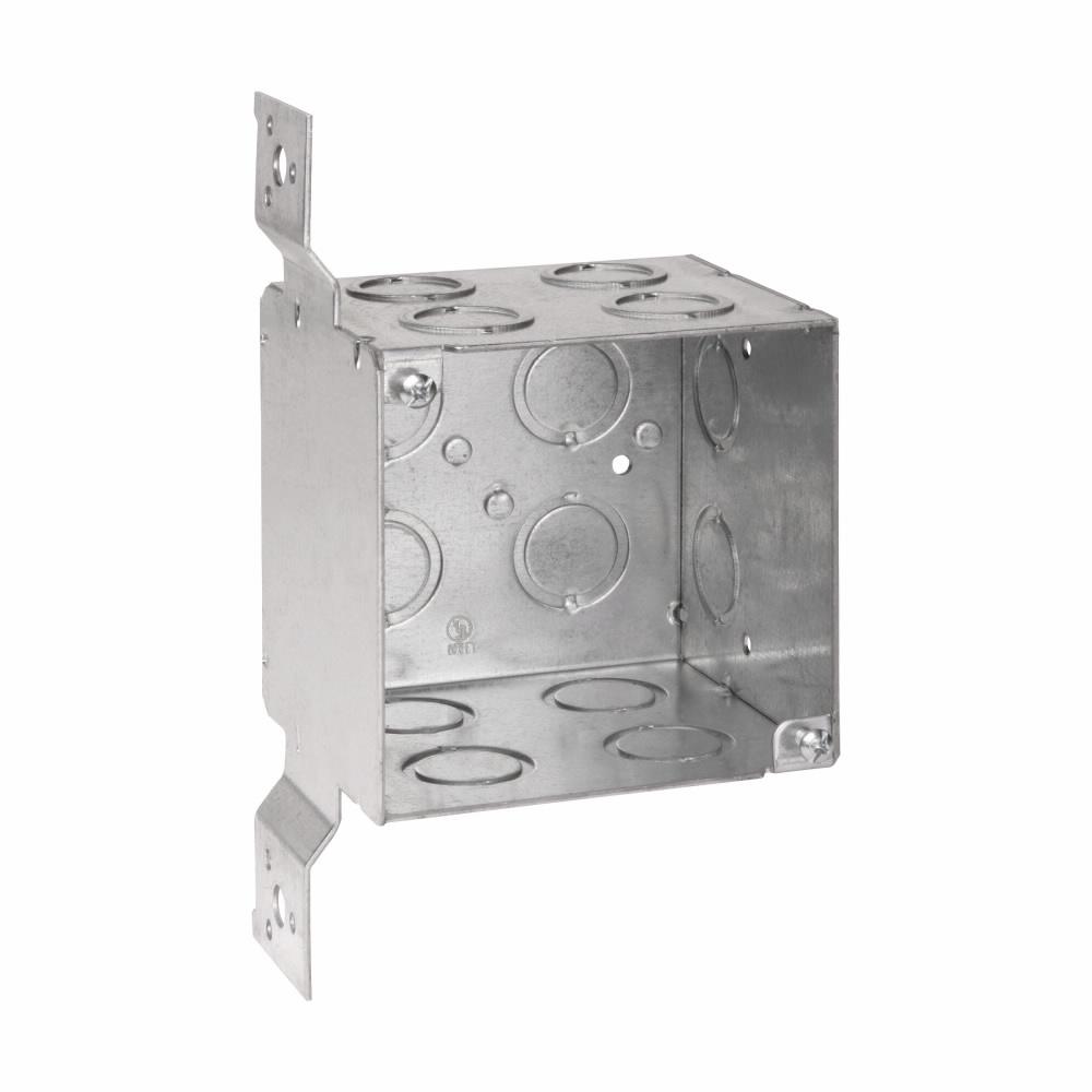 Eaton TP411 Eaton Crouse-Hinds series Square Outlet Box, (4) 1/2", (1) 3/4" C, 4", S, Conduit (no clamps), Welded, 3-1/2", Steel, (12) 1/2", (1) 3/4" C, 46.0 cubic inch capacity