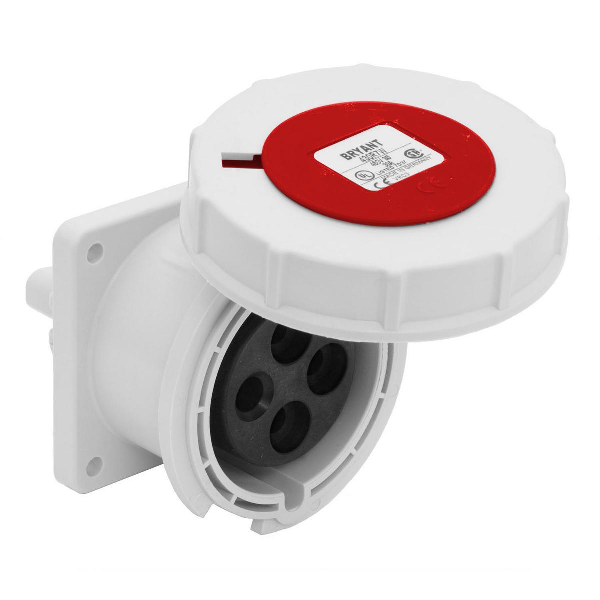 Hubbell 530R7W Heavy Duty Products, IEC Pin and Sleeve Devices, Industrial Grade, Female Receptacle, 30A 3-Phase Wye 277/480V AC, 4-Pole 5-Wire Grounding, Screw Terminals, Red, Watertight  ; Watertight