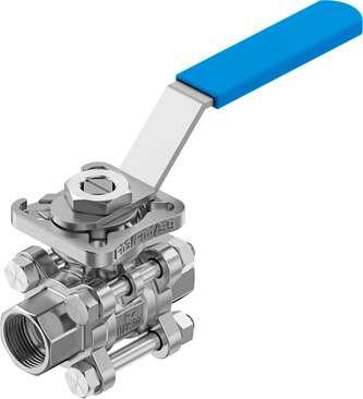 Festo 8089056 ball valve VZBE-3/8-WA-63-T-2-F0304-M-V15V15 Design structure: 2-way ball valve with hand lever, Type of actuation: mechanical, Sealing principle: soft, Assembly position: Any, Mounting type: Line installation
