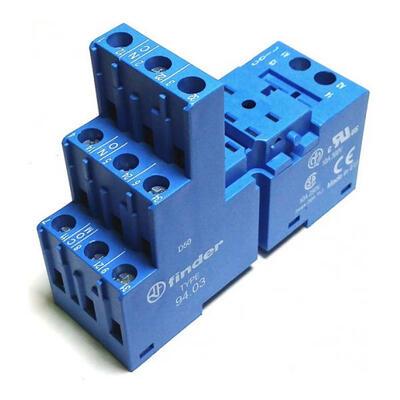 Finder 94.03SPA Plug-in socket with plastic retaining / release clip + opposite contacts and coil connections - Finder - Rated current 10A - Box-clamp connections - DIN rail / Panel mounting - Blue color - IP20