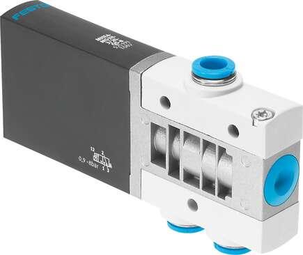 Festo 525190 solenoid valve MHE4-M1H-3/2G-QS-8 Valve function: 3/2 closed, monostable, Type of actuation: electrical, Width: 18 mm, Standard nominal flow rate: 400 l/min, Operating pressure: -0,9 - 8 bar