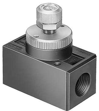 Festo 6308 one-way flow control valve GR-3/8-B With flow adjustable in one direction. Valve function: One-way flow control function, Pneumatic connection, port  1: G3/8, Pneumatic connection, port  2: G3/8, Adjusting element: Knurled screw, Mounting type: (* Front p