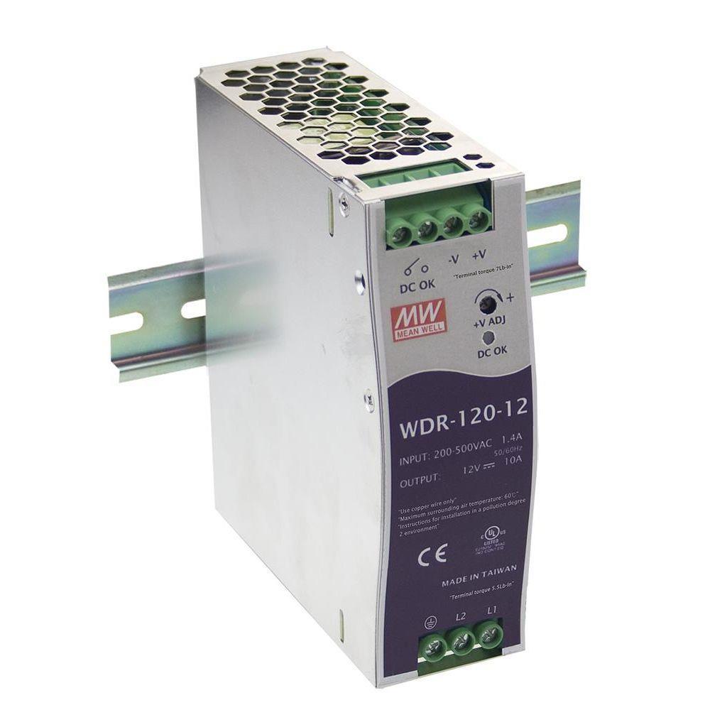 MEAN WELL WDR-120-12 AC-DC Industrial DIN rail power supply; Output 12Vdc at 10A; metal case; Ultra wide input 180-550Vac for single and two phase mains network