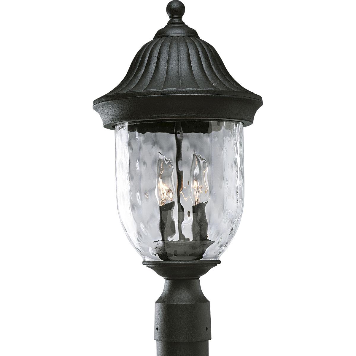 Hubbell P5429-31 Capture the romance with this two-light post lantern from the Coventry collection that features optic hammered glass, stylized cap and Sheppard's hook. Die-cast aluminum construction. Textured Black finish.  ; Textured Black finish. ; Optic hammered glass