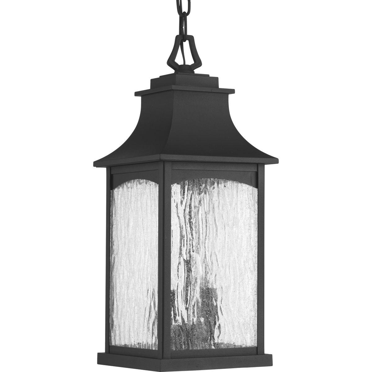 Hubbell P6532-31 Two-light hanging lantern in the Maison Collection offers traditional French country styling for a variety of home settings. Classic and formal clear water seeded glass complements the powder coat finish. Black finish.  ; Traditional French country stylin