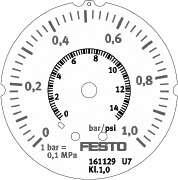 Festo 161129 flanged precision pressure gauge FMAP-63-1-1/4-EN With display unit in bar and psi. Indicating range [bar]: 0 - 1 bar, Conforms to standard: EN 837-1, Nominal size of pressure gauge: 63, Design structure: Bourdon-tube pressure gauge, Mounting type: Front 
