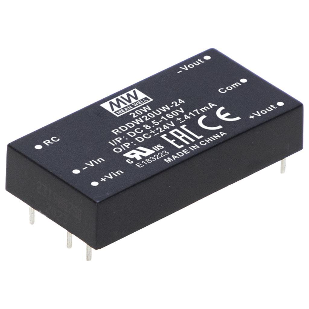 MEAN WELL RDDW20UW-24 DC-DC Railway Dual Output Converter; Ultrawide input 8.5-160VDC; Output +-24VDC at +-0.417A; 3KVAC I/O isolation; DIP 2" x 1" Through hole package; Remote ON/OFF