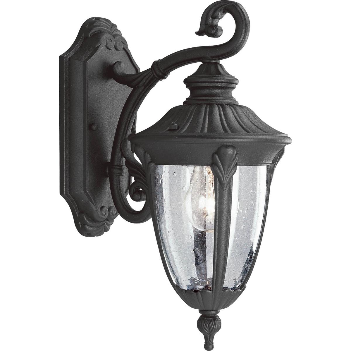 Hubbell P5820-31 The Meridian Collection features decorative shepherd hooks and acanthus cast arms. Clear, seed glass urns finishes off the distinctive and stately feeling of old world elegance. The one-light cast aluminum small wall lantern has a durable Textured Black p