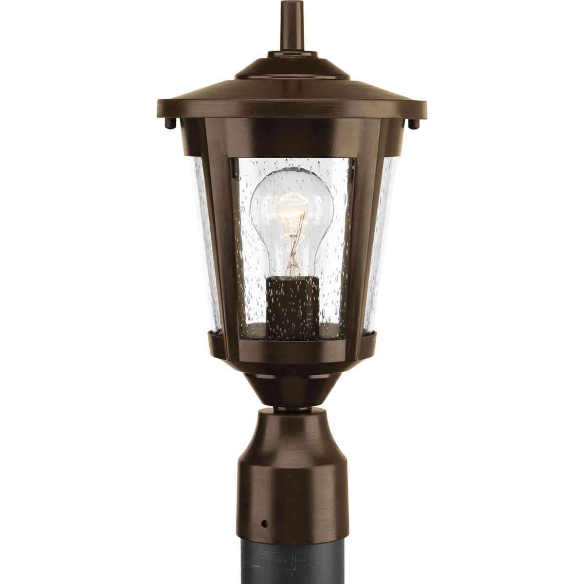 Hubbell P6425-20 The East Haven Collection offers modern styling to complement a wide variety of home styles. The one-light post lantern has an Antique Bronze frame that cradles a seeded glass shade. Fits 3" post (order separately). Hanging and wall mounting fixtures comp