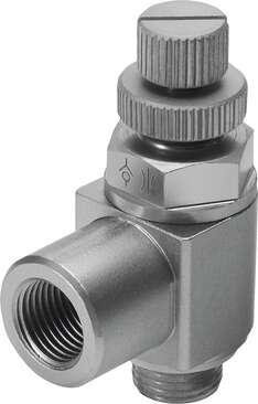 Festo 151198 one-way flow control valve GRLZ-1/4-RS-B For supply air flow control, with swivel joint. Valve function: one-way flow control function for supply air, Pneumatic connection, port  1: Male thread G1/4, Pneumatic connection, port  2: Female thread 1/4, Adjus