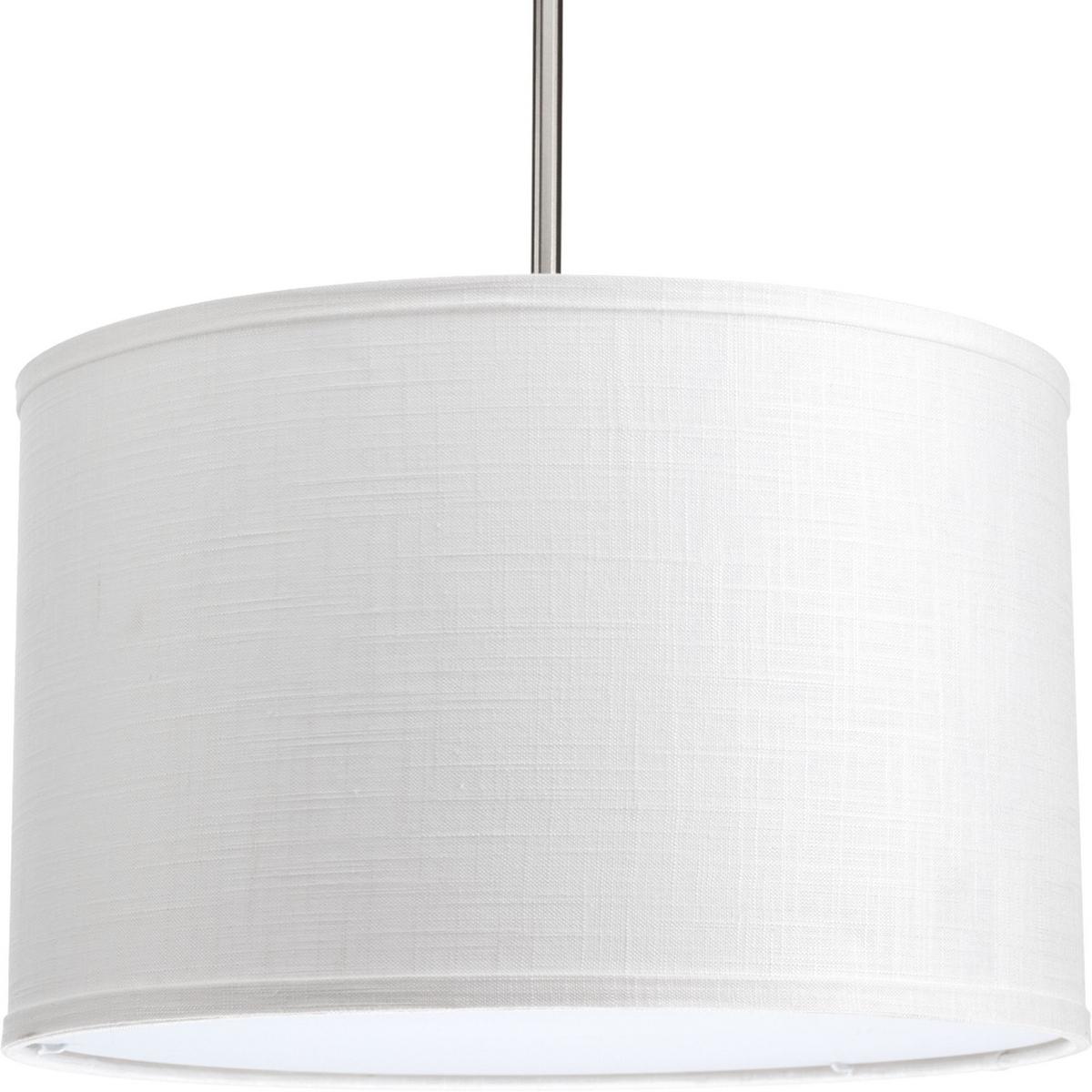 Hubbell P8829-30 The Markor Series is a modular pendant system. The versatile series allow the choice of shades and stem kits. This 16" shade with summer linen fabric is inspired by mid-century design. Acrylic bottom diffuser. This shade can be used with a variety of stem