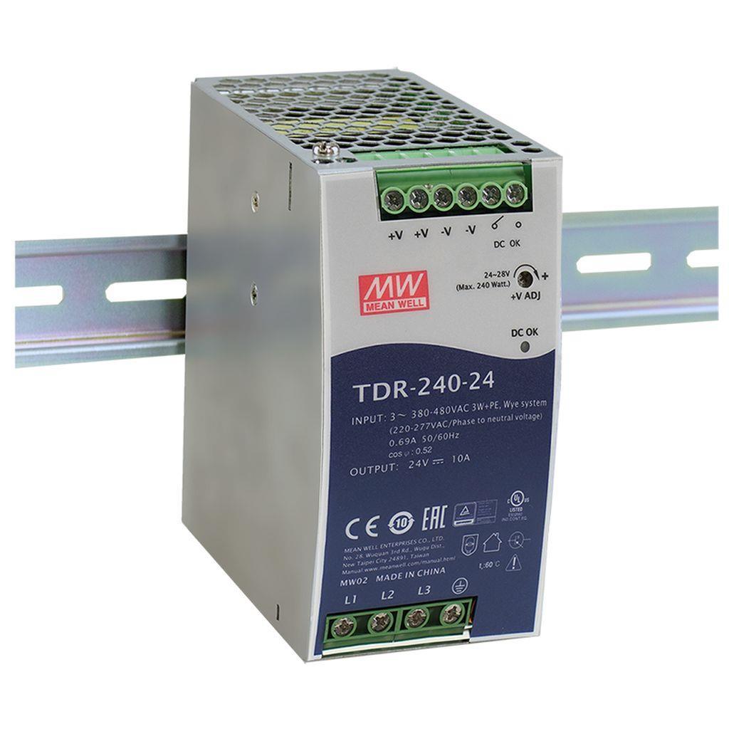 MEAN WELL TDR-240-48 AC-DC Industrial 3-phase DIN rail power supply with PFC and Constant Current; Output 48VDc at 5A; DC OK