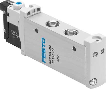 Festo 577325 solenoid valve VUVG-S14-M52-AT-G18-1H2L-W1 Valve function: 5/2 monostable, Type of actuation: electrical, Valve size: 14 mm, Standard nominal flow rate: 730 l/min, Operating pressure: 2,5 - 8 bar