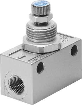 Festo 6509 one-way flow control valve GRA-1/4-B With flow adjustable in one direction. Valve function: One-way flow control function, Pneumatic connection, port  1: G1/4, Pneumatic connection, port  2: G1/4, Adjusting element: Knurled screw, Mounting type: (* Front 